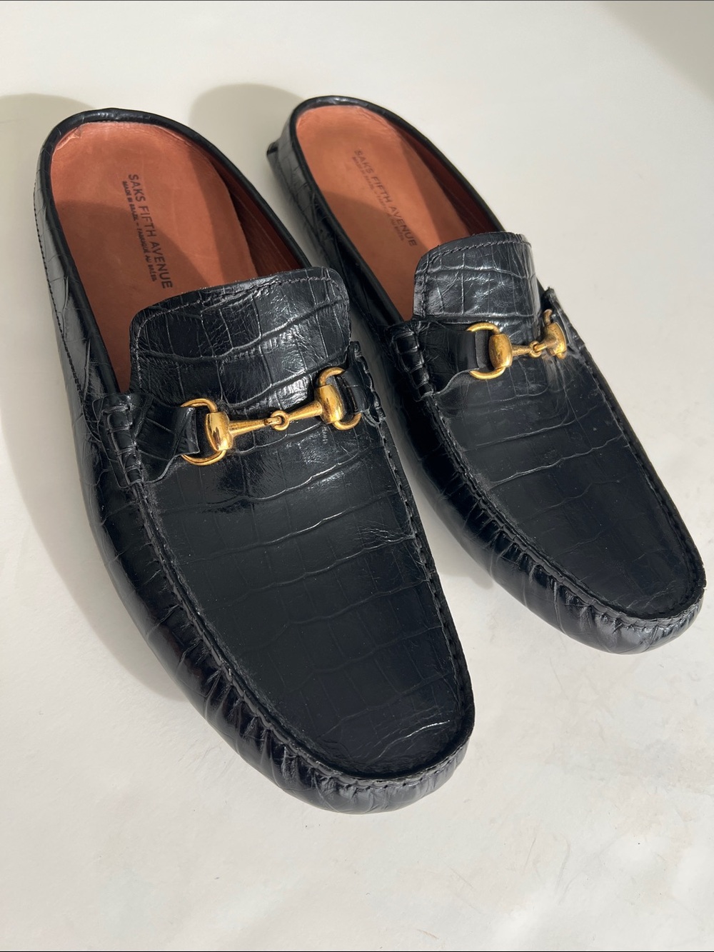 Saks Fifth Avenue Black Croc-Embossed Leather Bit Slip-Ons with Gold Hardware